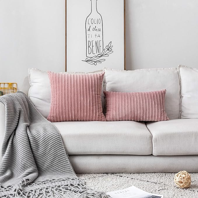 UGASA Velvet Pillow Covers Soft Striped Decorative Throw Cushion Case with Hidden Zipper for Valentine's Day Couch/Bedroom/Sofa, Cozy Solid Oblong Lumbar Pillowcase 1 Piece 12"x20", Baby Pink