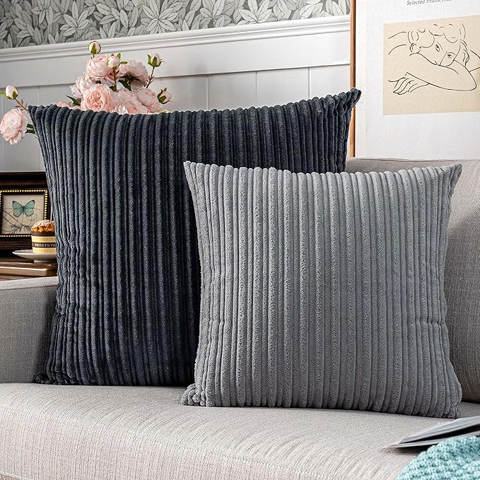 UGASA Corduroy Striped Soft Soild Decorative Square Throw Pillow Covers Set Cushion Cases Pillowcases for Sofa Bedroom, 1 Pc, 20x20inch, Dark Grey