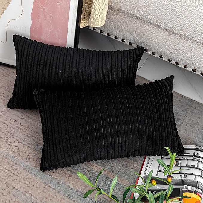 UGASA 14x20 Inch Pillow Cover Pack of 1 Soft Boho Stripe Corduroy Long Rectangular Lumbar Cushion Cover Farmhouse Decorative Throw Pillowcase for Bed, Couch, Sofa, Bedroom, Living Room, Black