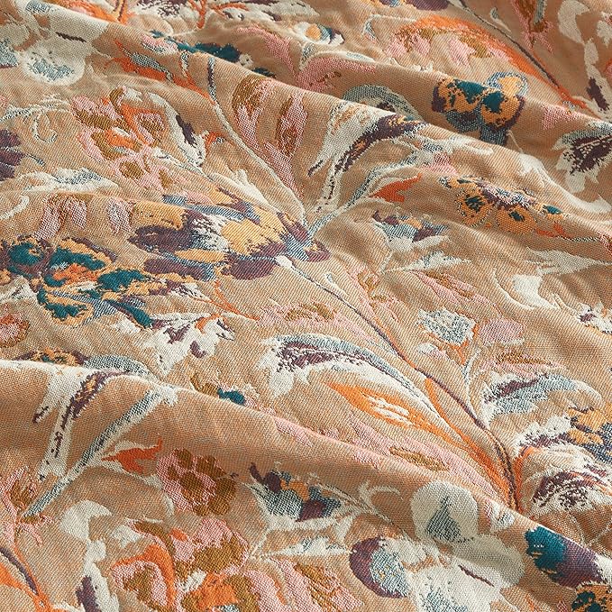 Boho Throw Blanket for Bed 90”x98”, 100% Cotton Woven Blanket for Couch Sofa, Ultra Soft 4-Layer Muslin Quilt with Floral Printed, Farmhouse Bed Blanket/Cover for Living Room Decor