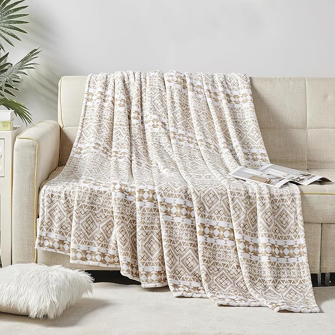 Elegant Comfort Ultra Soft Print Flannel Fleece Bed Blanket, Cozy-Fuzzy Lightweight Bedspread Coverlet, All Season Decorative Blanket for Couch, Sofa, Geometric Design, King Size, Tala