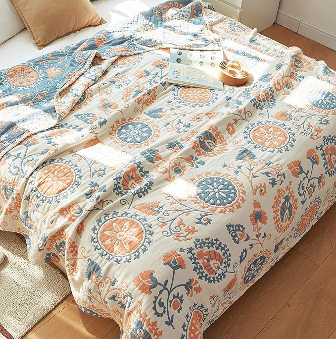 Scientific Sleep Floral Boho Mandala Datura Flower Bohemia Reversible 100% Cotton Muslin Blanket Throw Cover for Bed Couch Sofa Cozy Soft Quilt Bedspread Coverlet Full Queen 80 in x 90 in