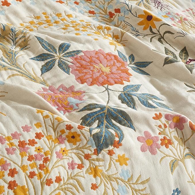 Boho Throw Blanket for Bed 80”x90”, 100% Cotton Woven Blanket for Couch Sofa, Ultra Soft 4-Layer Muslin Quilt with Floral Printed, Farmhouse Bed Blanket/Cover for Living Room Decor