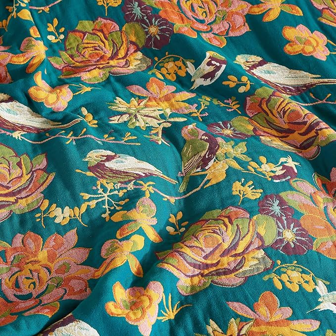 Boho Throw Blanket for Bed 60”x80”, 100% Cotton Woven Blanket for Couch Sofa, Ultra Soft 4-Layer Muslin Quilt with Floral Printed, Farmhouse Bed Blanket/Cover for Living Room Decor