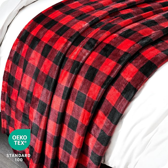 Bare Home Textured Fleece Blanket - Throw/Travel - Ultra-Soft Lightweight for Bed, Sofa, and Couch - Luxury Microplush - Cozy Warm Blanket (Throw/Travel, Buffalo Plaid - Red/Black)