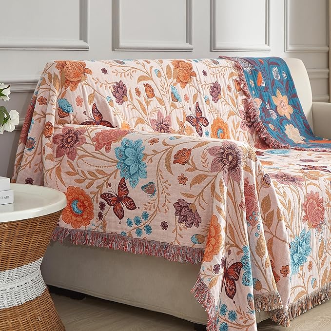 Boho Throw Blanket for Bed 90”x98”, 100% Cotton Woven Blanket for Couch Sofa, Ultra Soft 4-Layer Muslin Quilt with Floral Printed, Farmhouse Bed Blanket/Cover for Living Room Decor