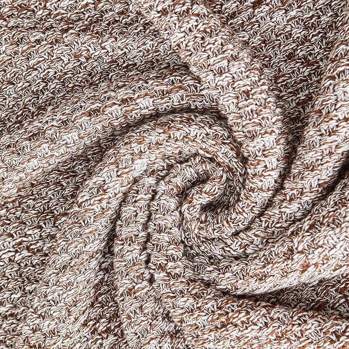 Longhui bedding Coffee Knitted Throw Blanket for Couch, Soft, Cozy Machine Washable 100% Cotton Sofa Knit Blankets, Heavy 3.0lb Weight, 51 x 63 Inches, Coffee and White Color.