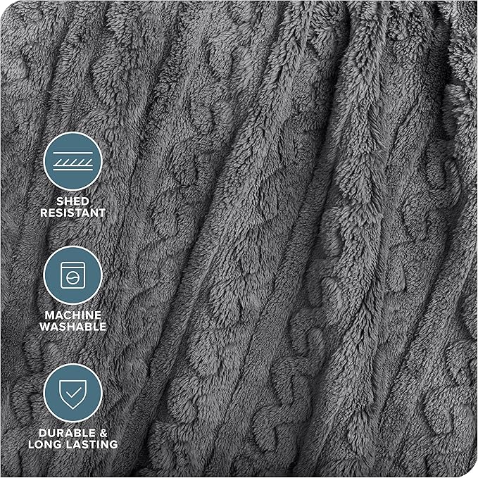 Bare Home Faux Shearling Blanket - Full/Queen Size - Blanket for Bed, Sofa, Couch, Camping, Travel, and Gifts - Warm & Lightweight - Fluffy & Soft (Full/Queen, Cable Grey)