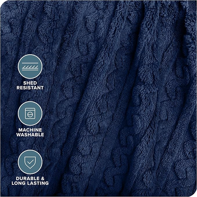Bare Home Faux Shearling Blanket - King Size - Blanket for Bed, Sofa, Couch, Camping, Travel, and Gifts - Warm & Lightweight - Fluffy & Soft (King, Cable Dark Blue)