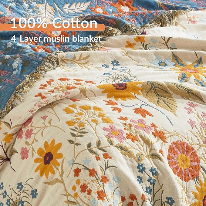 Boho Throw Blanket for Bed 80”x90”, 100% Cotton Woven Blanket for Couch Sofa, Ultra Soft 4-Layer Muslin Quilt with Floral Printed, Farmhouse Bed Blanket/Cover for Living Room Decor