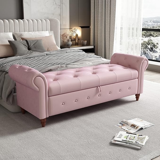 Aoowow Rolled Arm Storage Benches for Bedroom End of Bed Ottoman Bench 63" Long Bench with Storage and Seating for Living Room,Entryway,Window,Button Tufted with Solid Wood Legs (Velvet Pink)