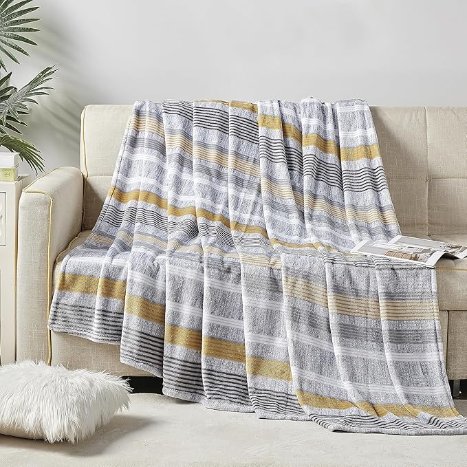 Elegant Comfort Ultra Soft Print Flannel Fleece Bed Blanket, Cozy-Fuzzy Lightweight Bedspread Coverlet, All Season Decorative Blanket for Couch, Sofa, Striped Design, Queen Size, Brea Stripe
