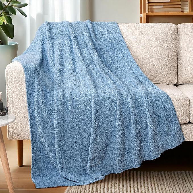 PAVILIA Super Soft Throw Blanket for Couch, Fluffy Cozy Lightweight Light Blue Blanket, Fuzzy Warm Knit Blanket for Bed Sofa, Slate Blue, 50x60