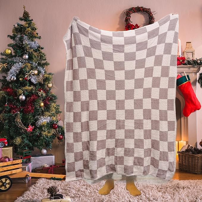 Soft Checkered Throw Blanket, Ultra Cozy Knit Throw Blanket Fluffy Fuzzy Reversible Checkerboard Blanket for Travel Couch Sofa Bed Decor, 51x63 inches, Khaki Cream