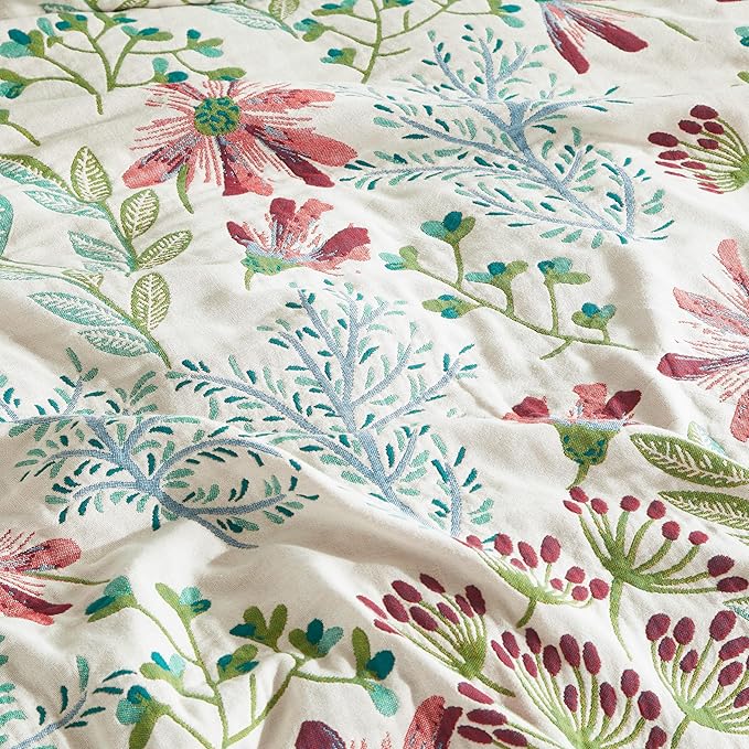 Boho Throw Blanket for Bed 90”x98”, 100% Cotton Woven Blanket for Couch Sofa, Ultra Soft 4-Layer Muslin Quilt with Floral Printed, Farmhouse Bed Blanket/Cover for Living Room Decor