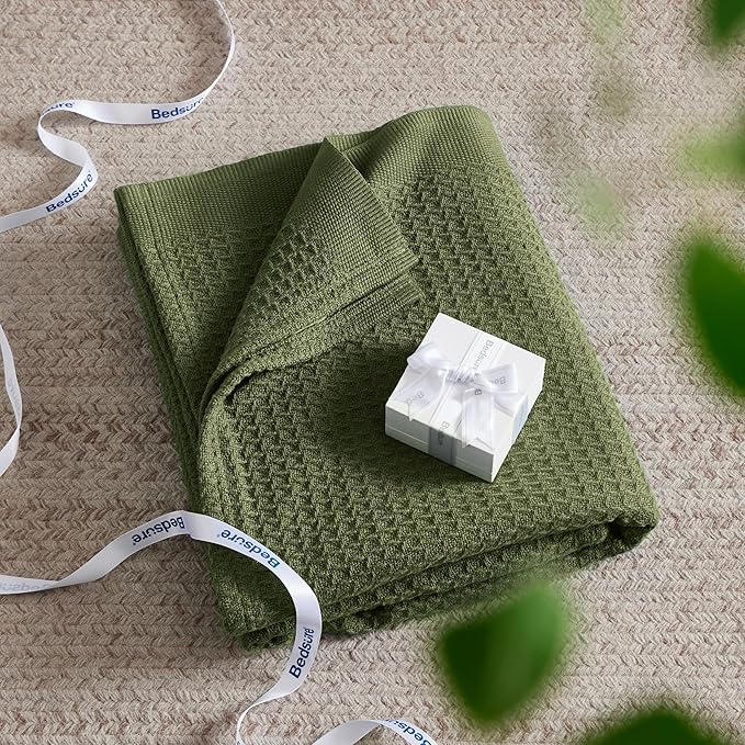 Bedsure Gentlesoft 100% Cotton Throw Blanket for Couch 50x70 inches - Breathable and Soft for Spring Summer, Waffle Weave Throw Blanket for Office, Olive Green