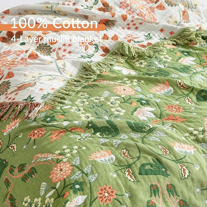 Boho Throw Blanket for Bed 80”x90”, 100% Cotton Woven Blanket for Couch Sofa, Ultra Soft 4-Layer Muslin Quilt with Floral Printed, Farmhouse Bed Blanket/Cover for Living Room Decor
