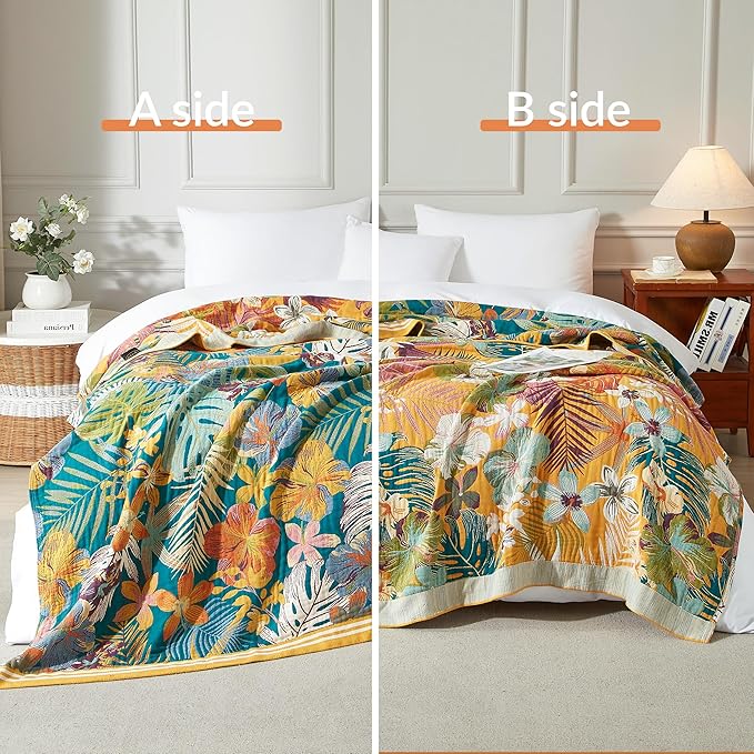Boho Throw Blanket for Bed 90”x98”, 100% Cotton Woven Blanket for Couch Sofa, Ultra Soft 4-Layer Muslin Quilt with Floral Printed, Farmhouse Bed Blanket/Cover for Living Room Decor