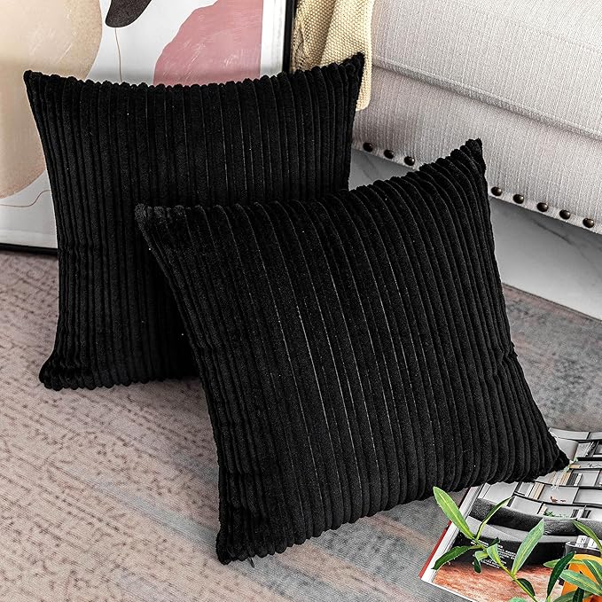 UGASA Corduroy Striped Soft Soild Decorative Square Throw Pillow Covers Set Cushion Cases Pillowcases for Sofa Bedroom, 1 Pc, 20x20inch, Black