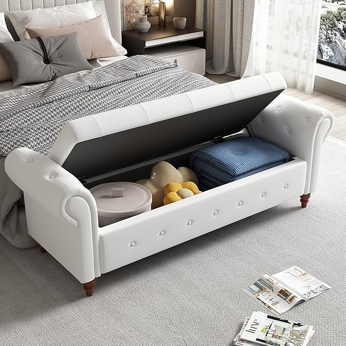 Aoowow Rolled Arm Storage Benches for Bedroom End of Bed Ottoman Bench 63" Long Bench with Storage and Seating for Living Room,Entryway,Window,Button Tufted with Solid Wood Legs (Linen Off White)