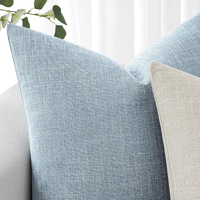 MIULEE 24x24 Inch Pack of 2 Decorative Linen Burlap Textured Euro Pillow Covers Farmhouse Boho Accent Pillowcases Spring Coastal Home Decor for Couch Sofa Bedroom Living Room Light Blue
