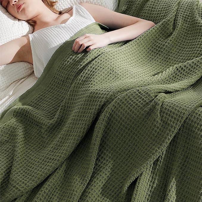 Bedsure Gentlesoft 100% Cotton Blanket King Size for Bed - Breathable and Soft for Spring Summer, Thick Cozy Waffle Weave Blanket Gifts for Women, Olive Green, 104x90 inches