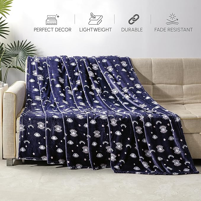 Elegant Comfort Ultra Soft Print Flannel Fleece Bed Blanket, Cozy-Fuzzy Lightweight Bedspread Coverlet, All Season Decorative Blanket for Couch, Sofa, Queen Size, Evil Eye