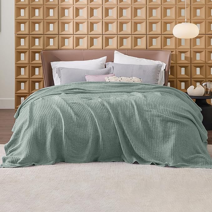 Bedsure Gentlesoft 100% Cotton Blanket Queen Size for Bed - Cooling Breathable and Soft for Spring Summer, Thick Cozy Waffle Weave Blanket Gifts for Women, Sage Green, 90x90 Inches