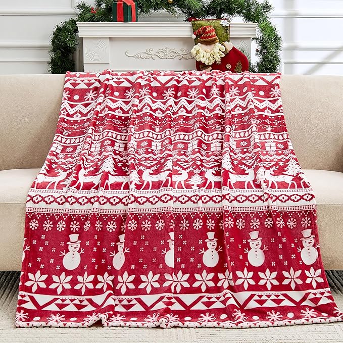 Christmas Blanket Soft Cozy Fleece Throws with Snowman Snowflake Reindeer and Xmas Trees Print, Fuzzy Warm Christmas Throw Blanket for Couch Bed Holiday Decorations Gifts 50"x60" (Red)