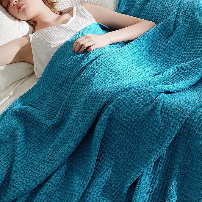 Bedsure Gentlesoft 100% Cotton Blanket King Size for Bed - Breathable and Soft for Spring Summer, Thick Cozy Waffle Weave Blanket Gifts for Women, Teal, 104x90 inches