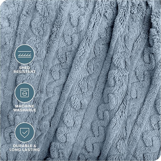 Bare Home Faux Shearling Blanket - Full/Queen Size - Blanket for Bed, Sofa, Couch, Camping, Travel, and Gifts - Warm & Lightweight - Fluffy & Soft (Full/Queen, Cable Dusty Blue)