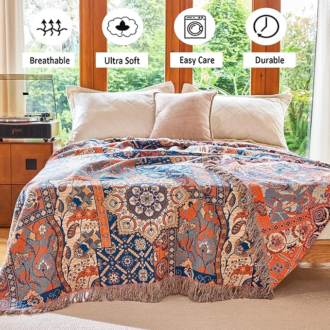 Boho Throw Blanket for Bed Couch 50" x 60", 100% Organic Cotton Skin-Friendly Ultra Soft Quilt Orange Throw - Floral Rustic Room Decor Luxury Reversible Blanket for Sofa Chair and Gift