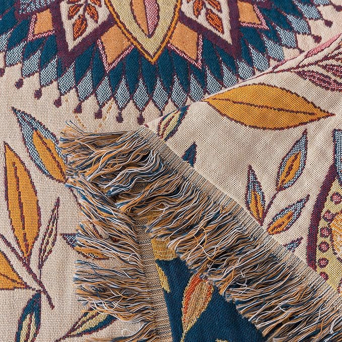 Boho Throw Blanket Twin Size, Soft Cozy Cotton Muslin Quilt Blanket for Bed Decor, Floral Patterned Couch Sofa Chair Cover, Vintage Farmhouse Cottage Tapestry Woven Blanket, Beige&Blue