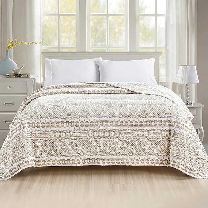 Elegant Comfort Ultra Soft Print Flannel Fleece Bed Blanket, Cozy-Fuzzy Lightweight Bedspread Coverlet, All Season Decorative Blanket for Couch, Sofa, Geometric Design, Queen Size, Tala
