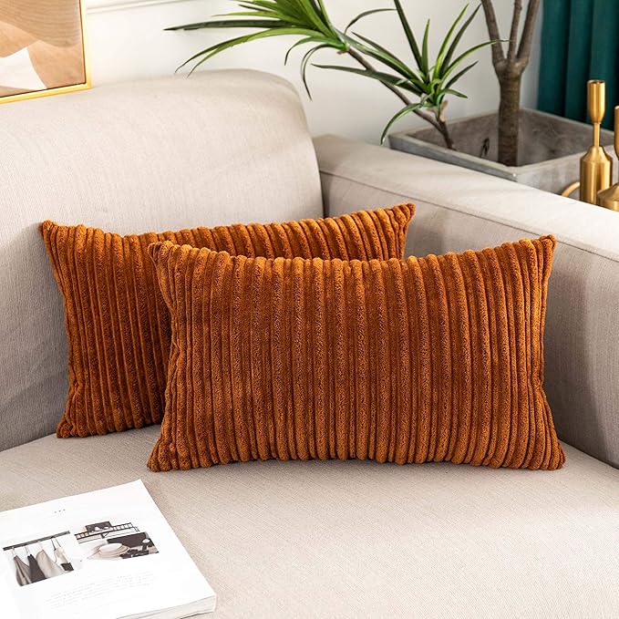UGASA Corduroy Striped Soft Soild Decorative Throw Pillow Covers Set Cushion Cases Pillowcases for Sofa Bedroom, 2 Pcs, 12x20inch, Brown