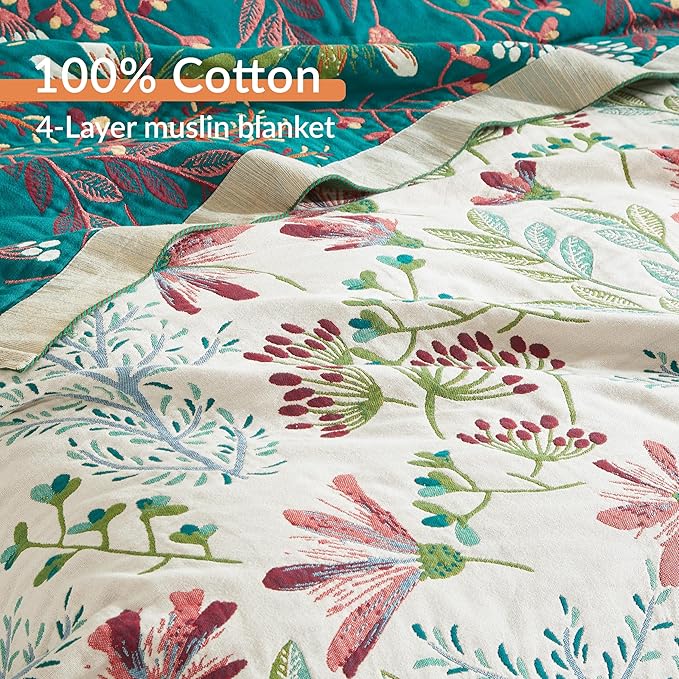 Boho Throw Blanket for Bed 90”x98”, 100% Cotton Woven Blanket for Couch Sofa, Ultra Soft 4-Layer Muslin Quilt with Floral Printed, Farmhouse Bed Blanket/Cover for Living Room Decor