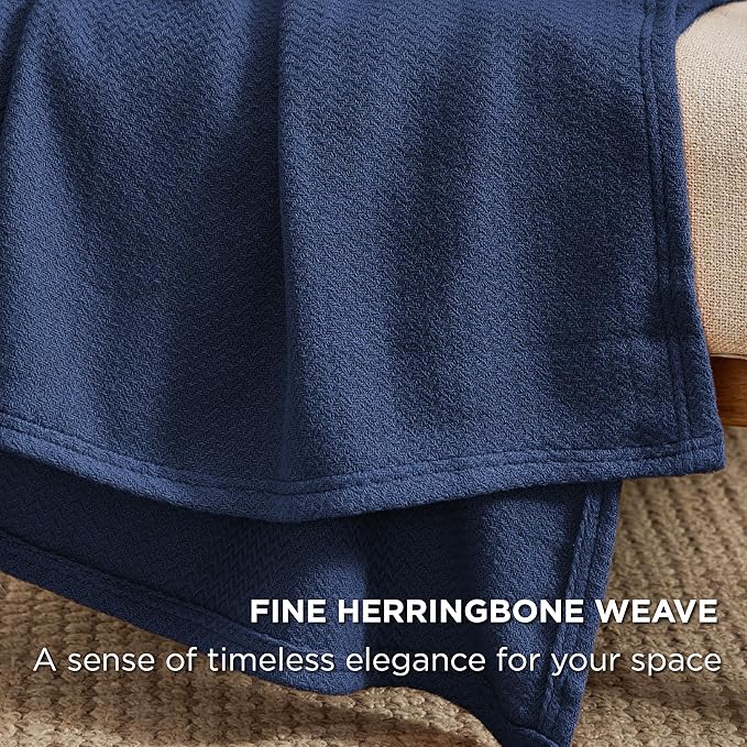 Bedsure GentleSoft 100% Cotton Blanket King Size for Bed - Breathable and Lightweight, Soft Cozy Textured Herringbone Woven Blanket for Summer, Navy Blue, 108x90 inches