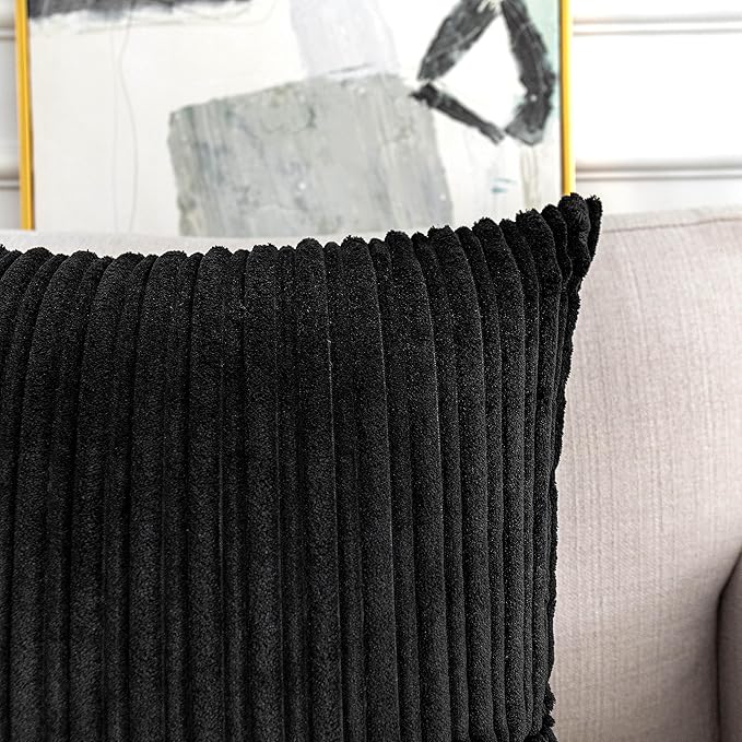 UGASA Corduroy Striped Soft Soild Decorative Square Throw Pillow Covers Set Cushion Cases Pillowcases for Sofa Bedroom, 1 Pc, 20x20inch, Black