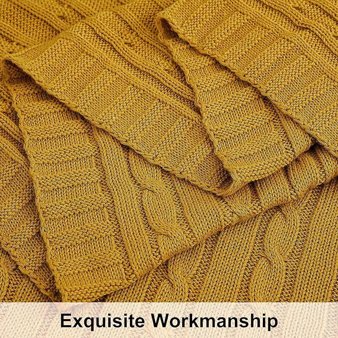 NTBAY 100% Pure Cotton Twin (60x80) Cable Knit Throw Blanket, Super Soft Warm Knitted Blanket for Bed, Sofa, Chair, Couch - Extra Cozy, Machine Washable, Comfortable Home Decor, Ginger Yellow
