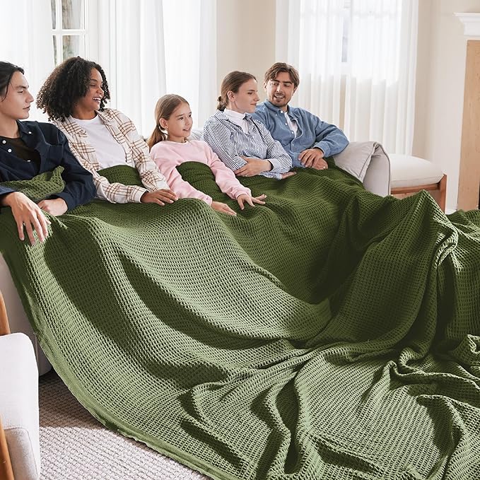 Bedsure Gentlesoft 100% Cotton Big Blanket Oversized King for Bed - Large Breathable Thick Waffle Weave Blanket for Summer, Couch Cover, Olive Green, 120x94 inches