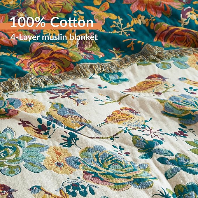 Boho Throw Blanket for Bed 80”x90”, 100% Cotton Woven Blanket for Couch Sofa, Ultra Soft 4-Layer Muslin Quilt with Floral Printed, Farmhouse Bed Blanket/Cover for Living Room Decor