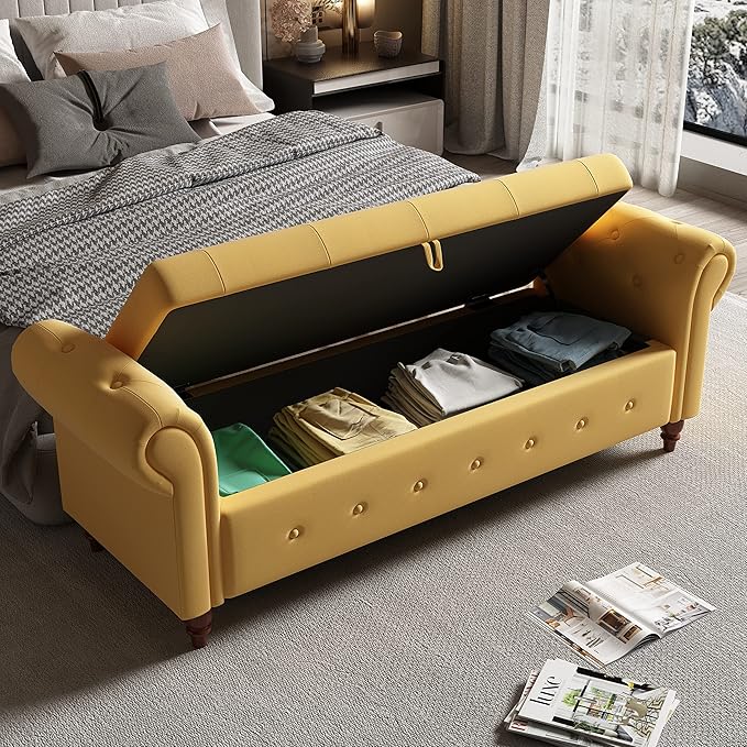Aoowow Rolled Arm Storage Benches for Bedroom End of Bed Ottoman Bench 63" Long Bench with Storage and Seating for Living Room,Entryway,Window,Button Tufted with Solid Wood Legs (Linen Yellow)