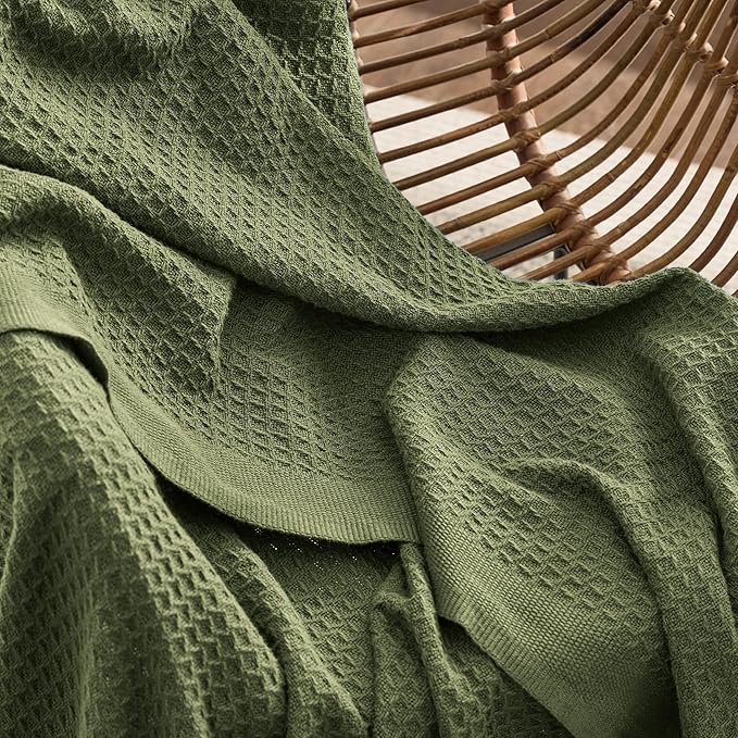 Bedsure Gentlesoft 100% Cotton Blanket Queen Size for Bed - Breathable and Soft for Spring Summer, Thick Cozy Waffle Weave Blanket Gifts for Women, Olive Green, 90x90 Inches