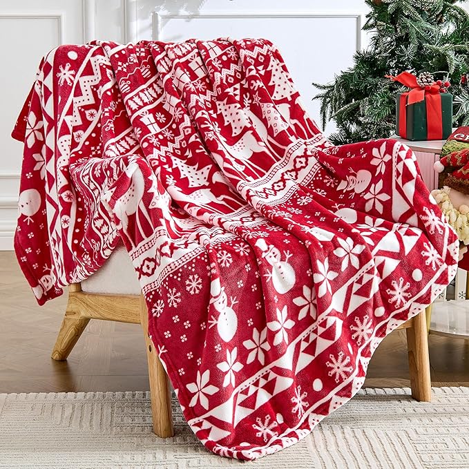 Christmas Blanket Soft Cozy Fleece Throws with Snowman Snowflake Reindeer and Xmas Trees Print, Fuzzy Warm Christmas Throw Blanket for Couch Bed Holiday Decorations Gifts 60"x80" (Red)