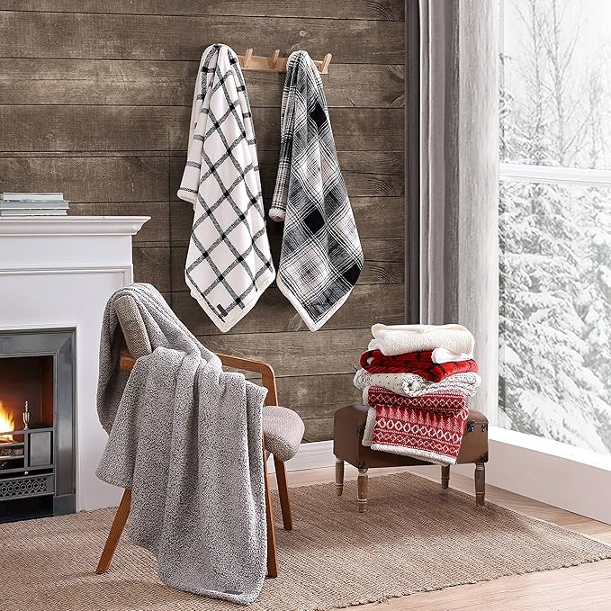 Eddie Bauer - Throw Blanket, Brushed Fleece & Plush Sherpa Bedding, Blanket for Couch & Bed (Bunkhouse Plaid Beige, 50" x 60")