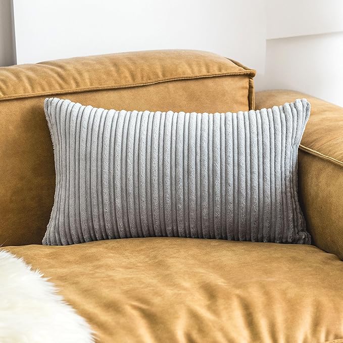 UGASA Velvet Pillow Covers Striped, Decorative Throw Cushion Case with Hidden Zipper for Home Couch/Bedroom, Soft Cozy Solid Oblong, 1 Piece (12"x20", Light Grey)