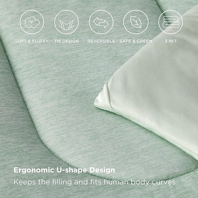 Bedsure Queen Comforter Set - Cooling and Warm Bed Set, Sage Green Reversible Bedding for All Season, 3 Pieces, 1 Queen Size Comforter (88"x88") and 2 Pillow Cases(20"x26")