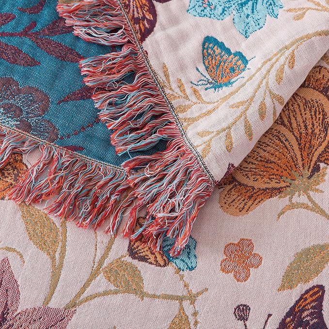 Boho Throw Blanket Twin Size, Soft Cozy Cotton Muslin Quilt Blanket for Bed Decor, Floral Patterned Couch Sofa Chair Cover, Vintage Farmhouse Cottage Tapestry Woven Blanket, Coral&Green