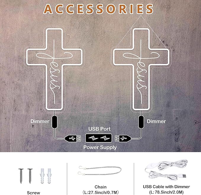 Jesus Cross Neon Signs, Dimmable LED Neon Lights for Wall Decor Bedroom Home Room Party Decor, Light Up Sign for Wedding Christmas Easter Celebrations New Year Gifts
