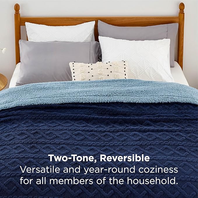 Bedsure Gentlesoft Sherpa Queen Size Blanket for Bed - Fleece Fluffy & Cozy Cable Jacquard Tufted for Women Gift, Thick and Warm Christmas Blanket for Winter, Navy, 90x90 Inches